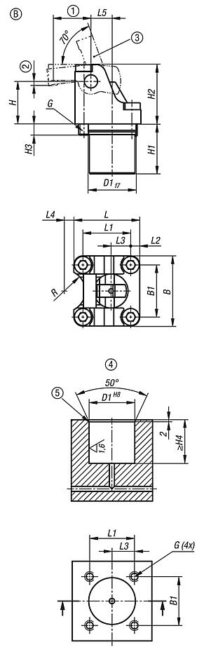 Rotary lever clamps, hydraulic with spring return, Form B single-acting